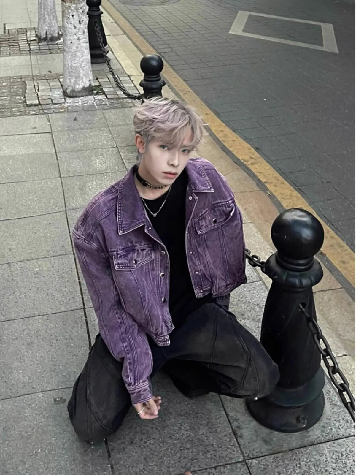 Men's Spring Autumn Retro American Streetwear Purple Deconstructed Short Denim Jacket Biker Style Slim Casual Blue Coat
