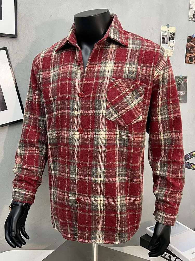 

American Retro Thiened Woolen Red Plaid Long Sve irt Jaet High Design Loose Fit Warm Youth Casual Faion Coat