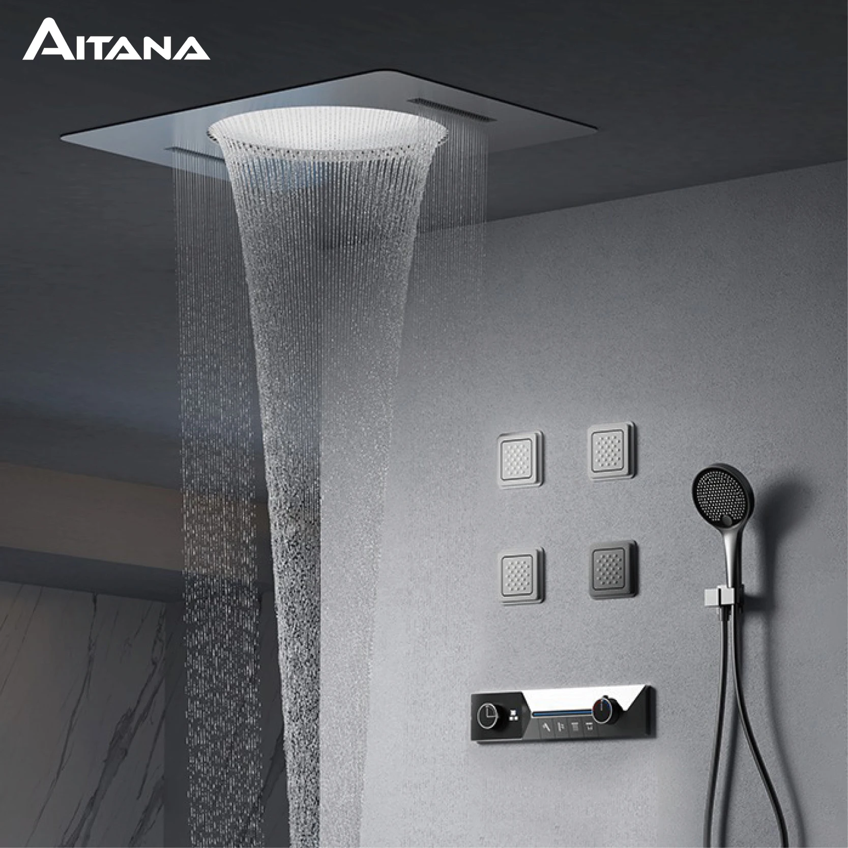 Huge gun gray brass ceiling constant temperature light shower system, embedded LED digital display cold&hot water bathroom mixer