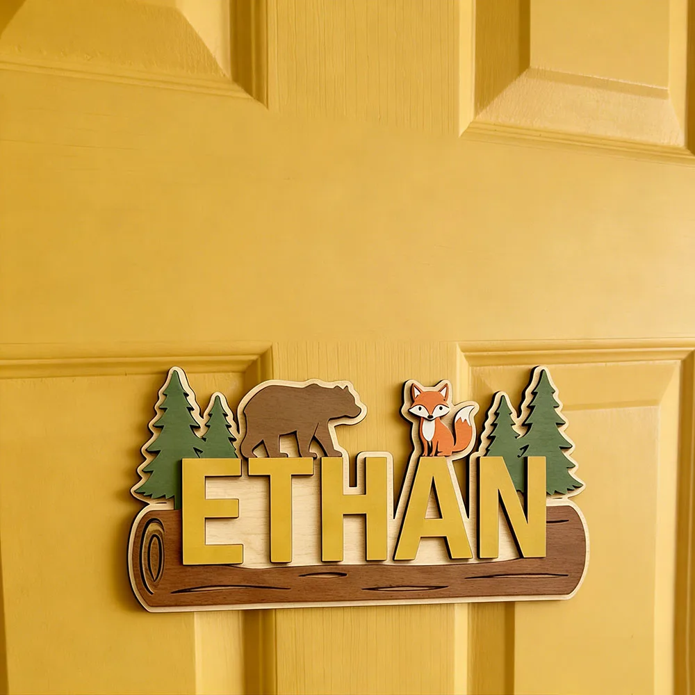 Woodland Forest Animal Personalized Name Wooden Sign Custom Bear Fox Pine Tree Log Plaque 25cm Kids Nursery Door Wall Decor Birt view 4