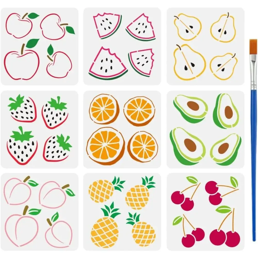 

9 Pcs Fruit Painting Stencil with Brush 5.9x5.9inch Watermelon Pear Strawberry Orange Drawing Template Avocado Peach