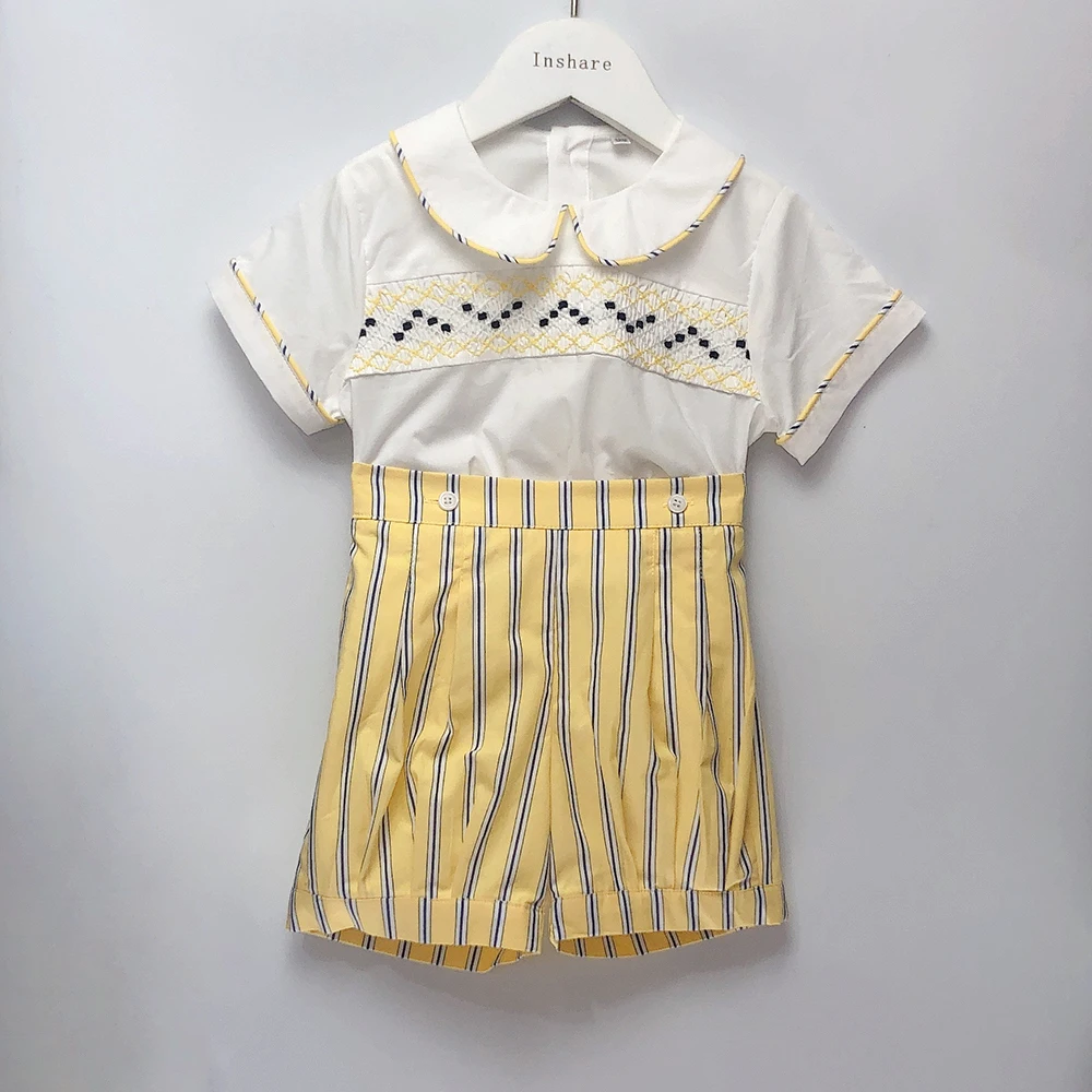 Children Boutique Clothing Summer Short Sleeve Boys Handmade Smocked Clothes Yellow Striped Set Christening Suit Easter Clothes