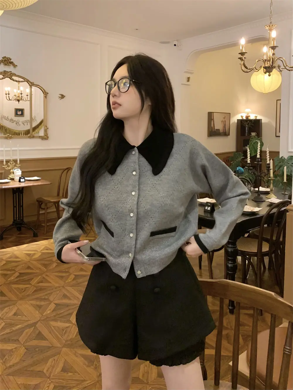 Color Blocking Lapel Knitted Sweater Jacket for Women\'s New Style Temperament Single Breasted Short Top Trendy