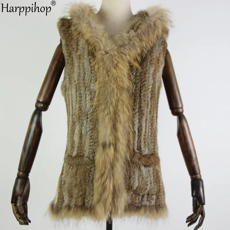 Harppihop fur New natural Fur Vest Genuine Rabbit Fur Knitted Gilet with fur Hooded Long Coat Jackets with pocket Women Winter