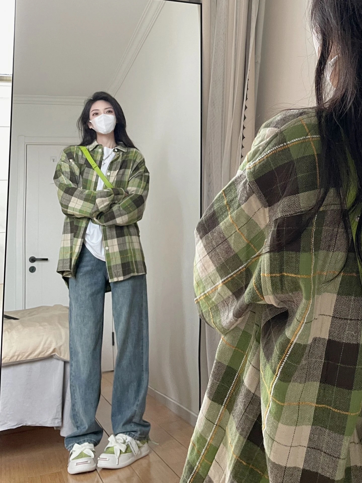 

Retro Green Plaid Polo Collar Sunscreen Long-sleeve Shirt Women's Casual Single-breasted Loose Blouse Coat Top For Spring Autumn