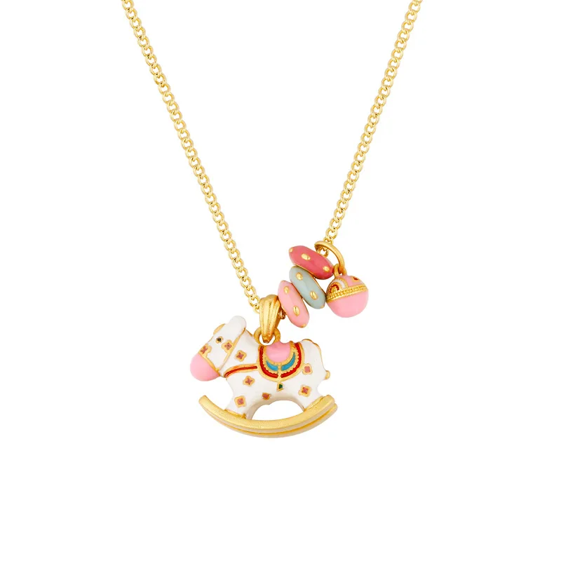 

Cartoon Enamel Drip Rotating Horse Merry-go-round Choker Necklace Fun Donut Design Children's Sweet Charm Jewelry