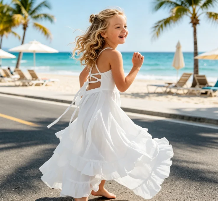 2026 Girls Spring Summer Cotton New Style Backless Lace Mid Length Children's Vest Dress Fashion Solid Color Dress