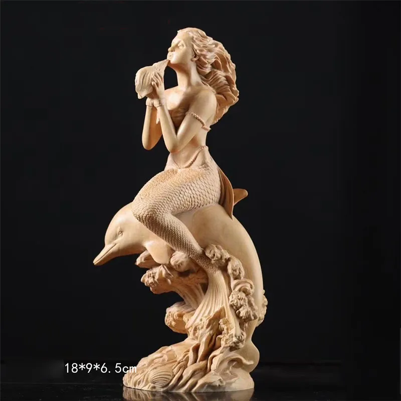 

18X9X6.5CM Beautiful Girl Riding Dolphin Hand Carved Boxwood Figurine Carving Pretty Lady Feng Shui Sculpture - #W170