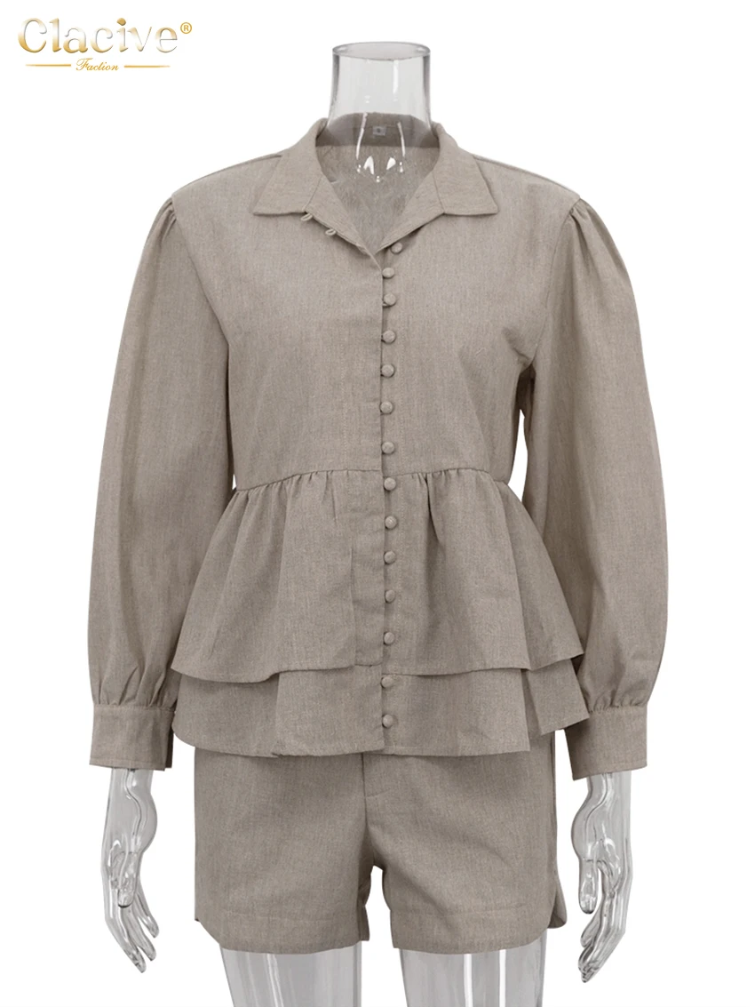 Clacive Fashion Loose Khaki Linen 2 Piece Sets Women Outfit 2025 Elegant Long Sleeve Shirt With High Waist Shorts Set Female