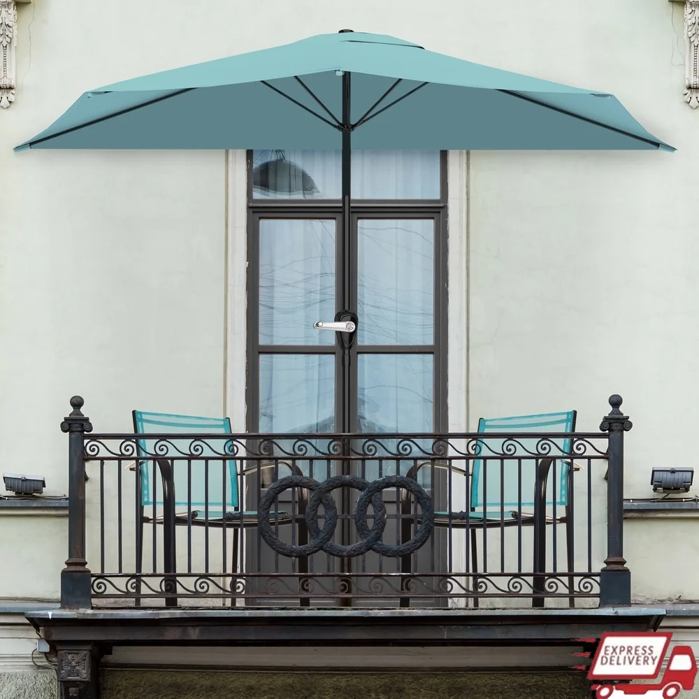 

9ft Half Patio Umbrella Balcony Deck with Crank Handle Durable Vented Canopy Compact Outdoor Shade Small Spaces