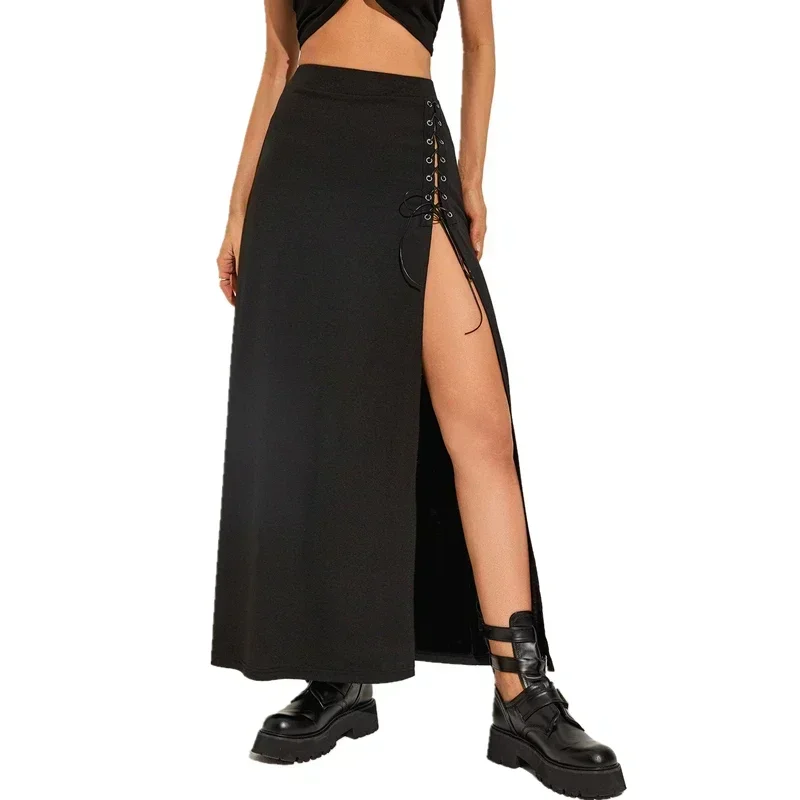 Black Sexy Split Gothic Asymmetrical Skirt Dark High Waisted A-Line Midi Skirts Women 2024 Fashion Streetwear