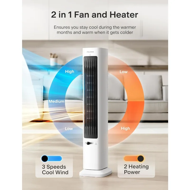 PELONIS Oscillating Tower Fan and Heater Combo with Remote Control, 12-HR Timer,ECO Mode, Tip Over and Overheat Protection,White