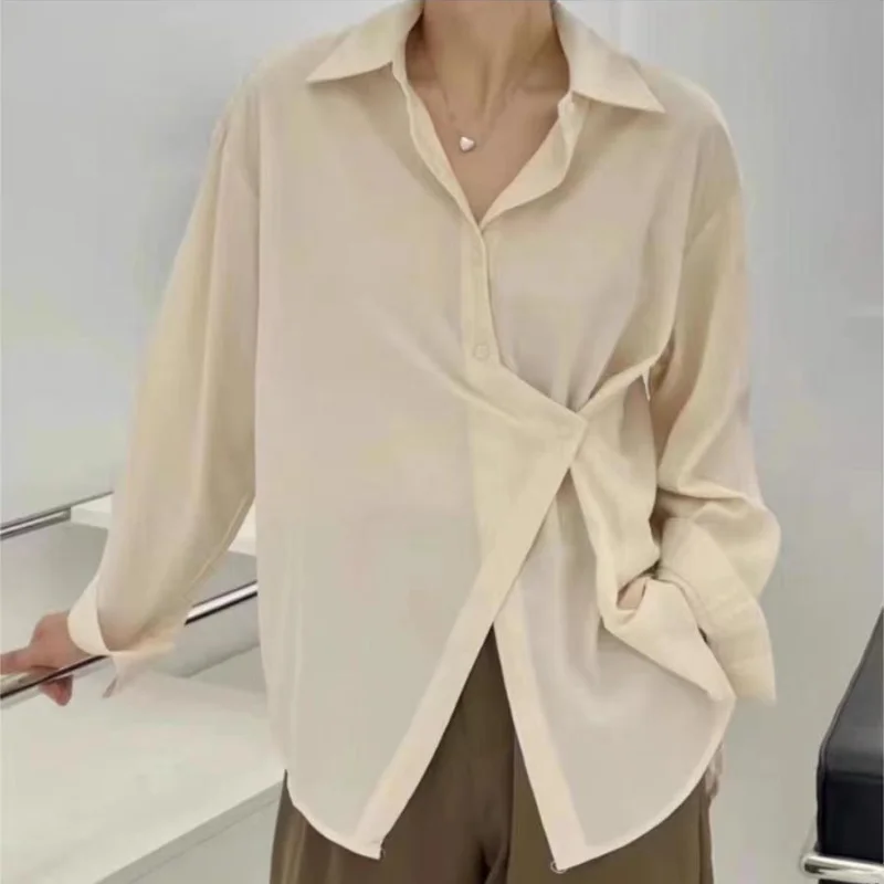 Women\'s Clothing 2023 Autumn and Winter Fashion New Commuter Versatile Spliced Button Round Neck Long Sleeve Solid Color Shirt