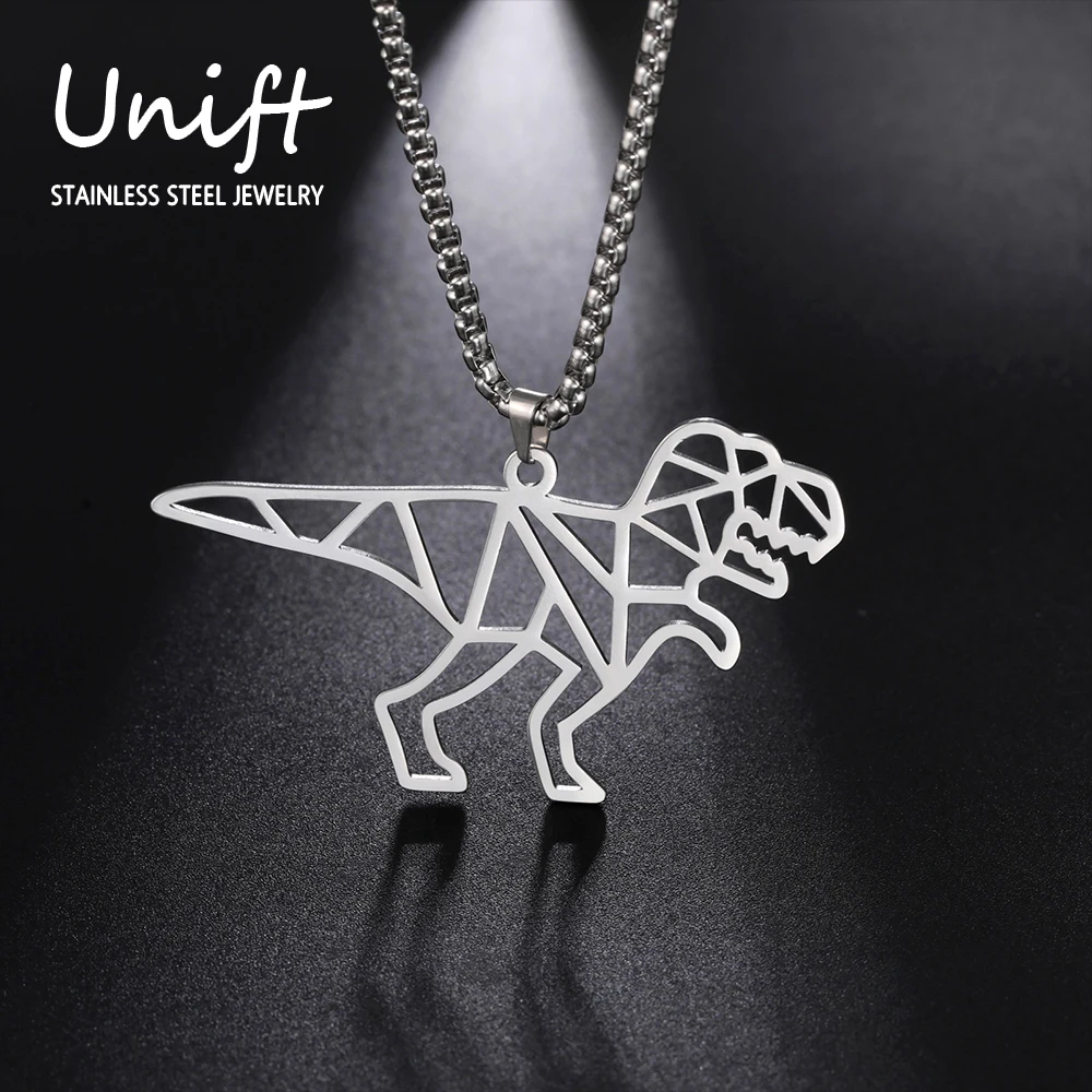 Unift Tyrannosaurus Brachiosaurus Triceratops Pendant Necklaces for Boy Men Geometric Cartoon Dinosaur Jewelry Trendy Party Gift