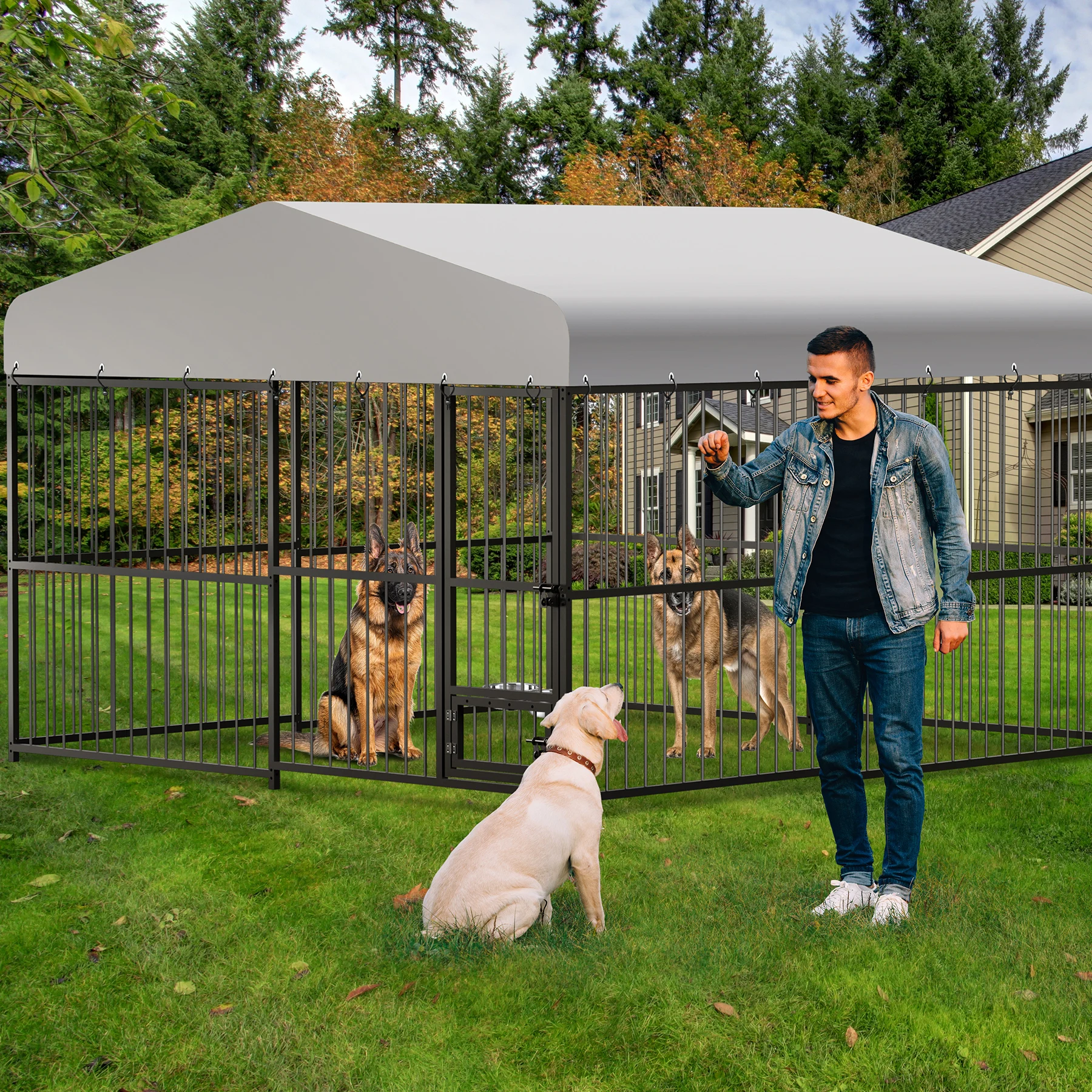 

10X10X6FT Large Outdoor Dog Kennel, Heavy Duty Dog Cage with Roof, Dog House with Safety Locks,UV & Water Resistant Proof Cover