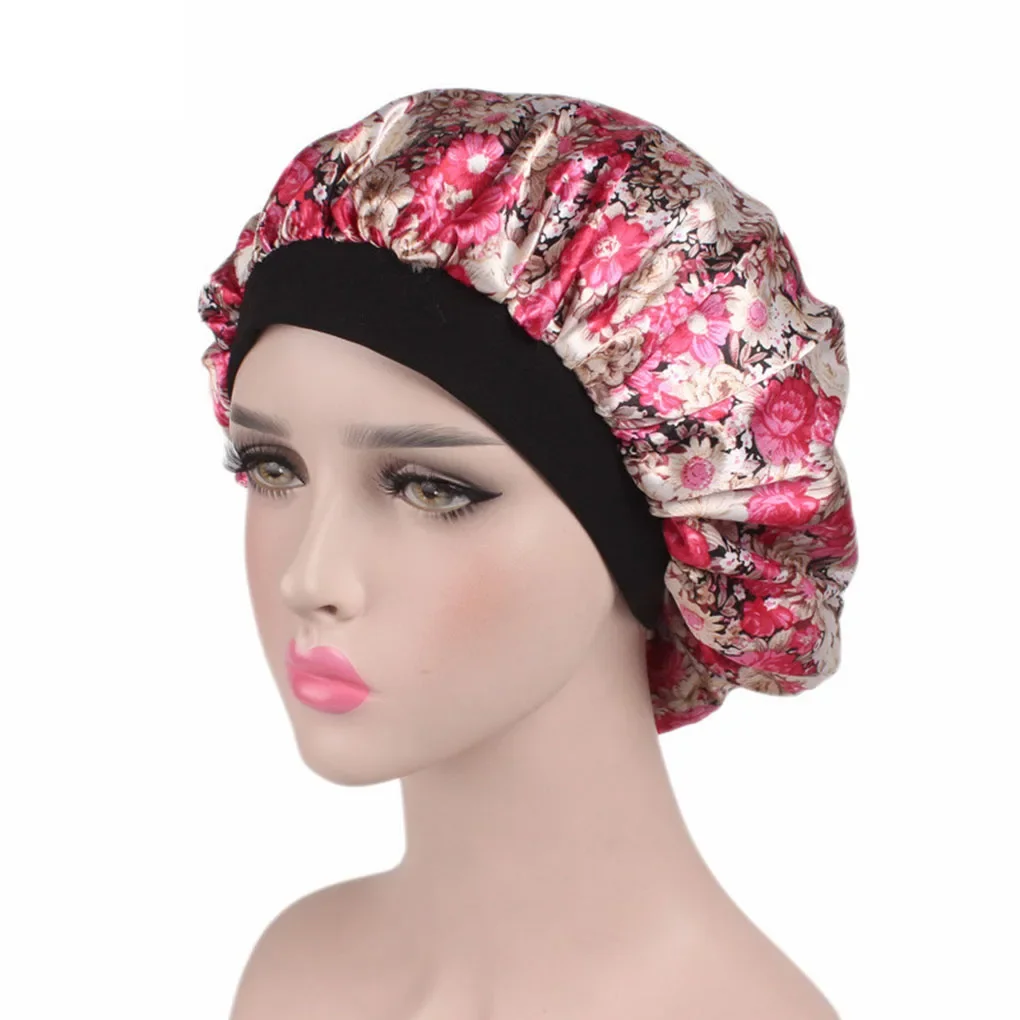 Unisex Adults Satin Nightcap Wide-brimmed Floral Men Women Sleeping Cap for Spring Autumn Winter