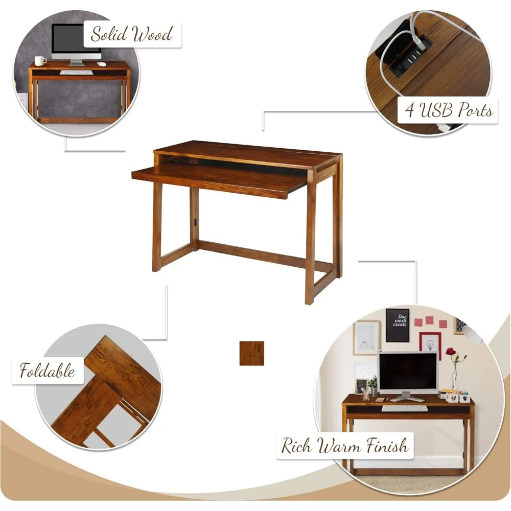 مكتب محمول قابل للطي مع شحن USB، بني مريح #4