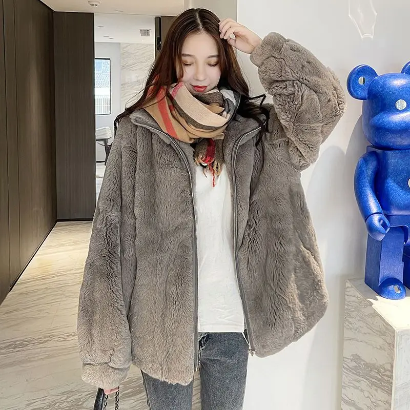 

Imitation Rex Rabbit Fur Jackets for Women, Stand Collar, Harajuku Fashion, Loose, Keep Warm, Length, Autumn and Winter