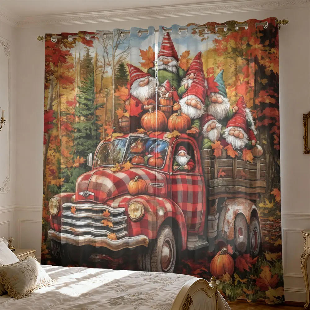 2pcs Autumn Forest Truck Gnome Pumpkin Print Curtains Living Room Bedroom Blocking Light Fashion Home Decoration Touch