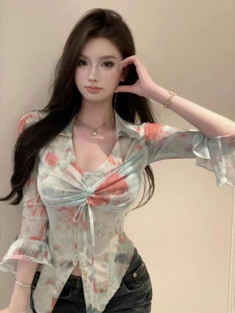 Women's Niche Design Shirt Hong Kong Style Elegant Queenly Premium Feel Tie Dye V Neck Flared Sleeves Slim Fit Top Spring New