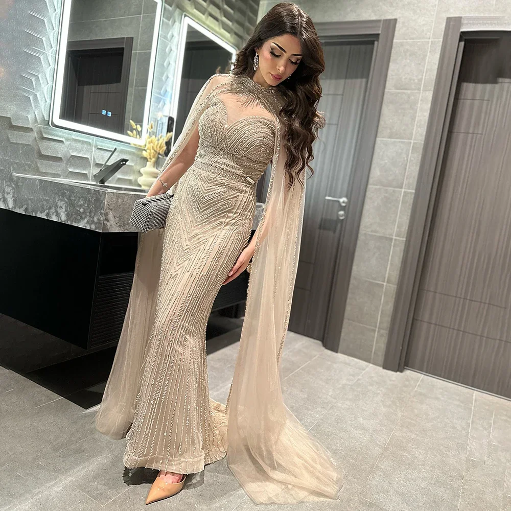 Serene Hill 2025 Arabic Caramel Elegant Cape Mermaid Beaded Evening Dresses Long Celebrity Gowns For Party GLA72233A Customized