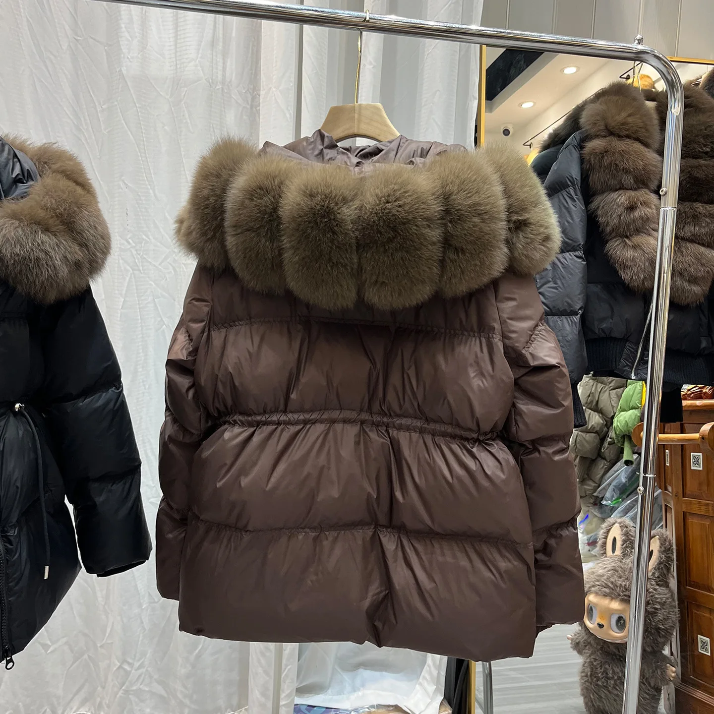 Winter Warm Drawstring Zipper Mid-length Jacket Female Natural Hooded Large Fur Collar Down Jacket Women White Duck Down Outwear