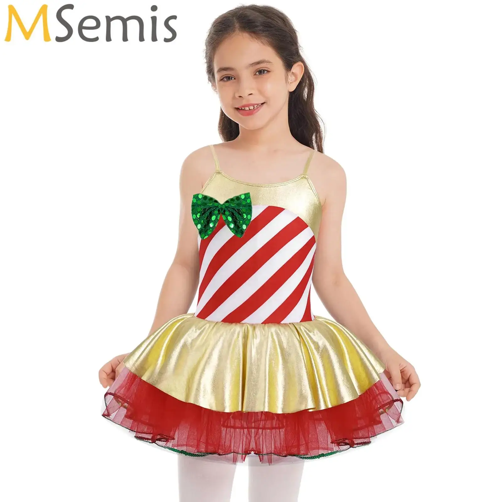 

Kids Girls Christmas Elf Princess Costume Spaghetti Strap Stripes Tutu Ballet Dance Leotard Carnival Party Candy Cane Dress Up