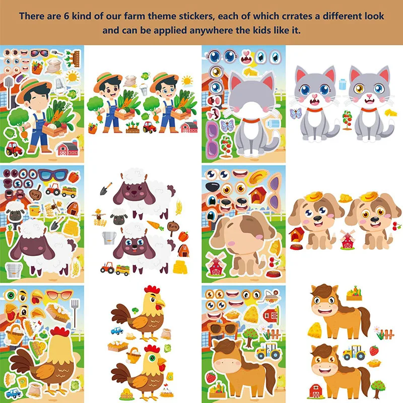 Cute Farm Animal Stickers DIY Make A Face Stickers Sheets for Kids Toddlers Boys Girls Party Favors Supplies Activities Crafts