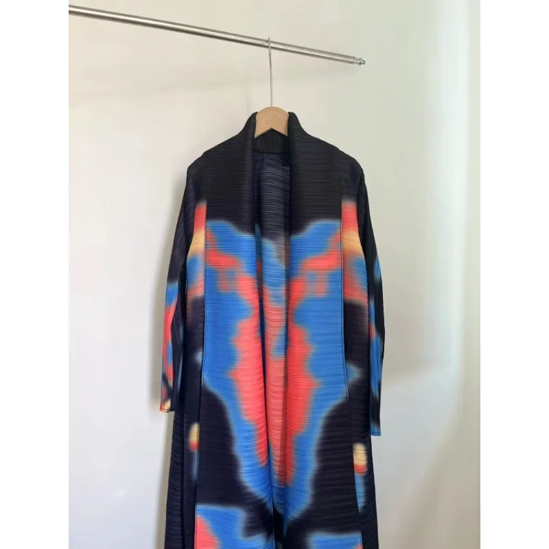 Miyake Pleated Autumn New Original Designer's Sunset Oil Painting Style Long Cardigan Coat Fashion Retro Women's Large Dress