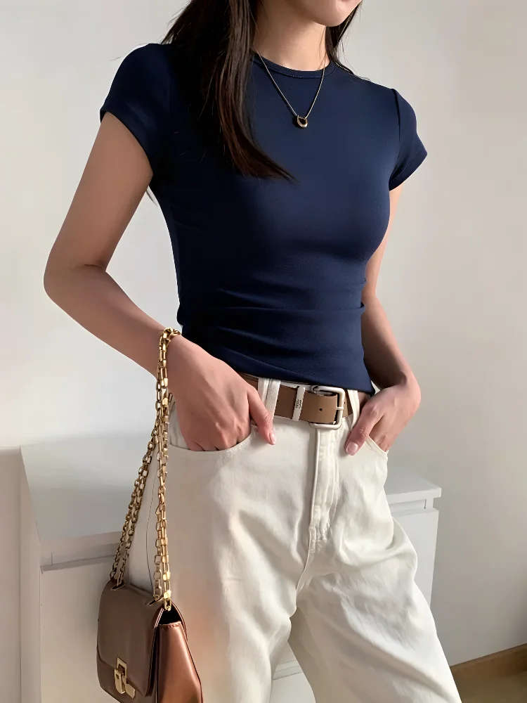 95 Cotton round Neck Short Sleeve Base Shirt Women's Summer New plus Size Slim Fit Top Inner Wear Base Layer T-Shirt