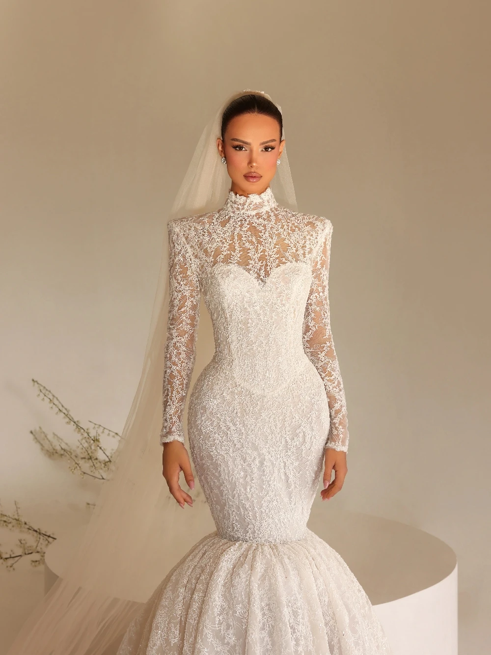 

Vintage Lace Mermaid Wedding Dress 2026 High Neck Long Sleeve Sheer Modest Elegant Beading Floor-length Bridal Gown Customized