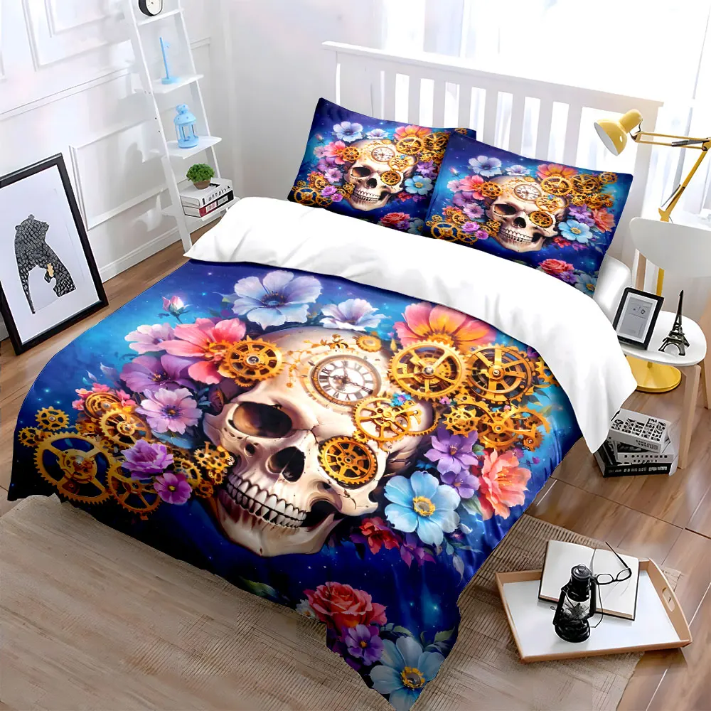 Dreamy Gears and Vibrant Blooms Printed Duvet Cover Set1 Duvet Cover+2 PillowcaseMulti Size Bedroom Bedding Decor Luxury gifts