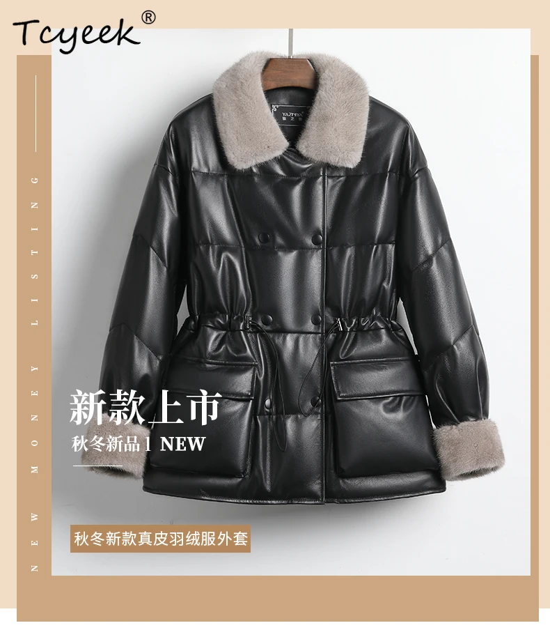 Tcyeek جلد الغنم الخريف الشتاء ساحة طوق بأكمام طويلة أسود فرو المنك طوق متوسط طول المرأة الأبيض بطة أسفل سترة