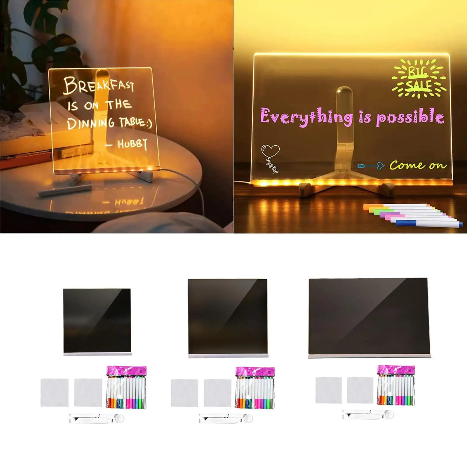 لوح مسح جاف من الأكريليك مع مصباح ليلي خفيف ولوحة رسائل قابلة لإعادة الكتابة مع لوحة ملاحظات ملونة للمدرسة والمكتب المنزلي