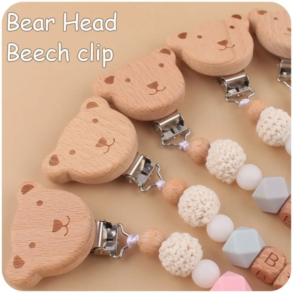 

Dummy Clips Pacifier Holder Clips Bear Wooden Bead Baby Pacifier Chain Soother Holder Nipple Holder Clips Baby Teether Straps