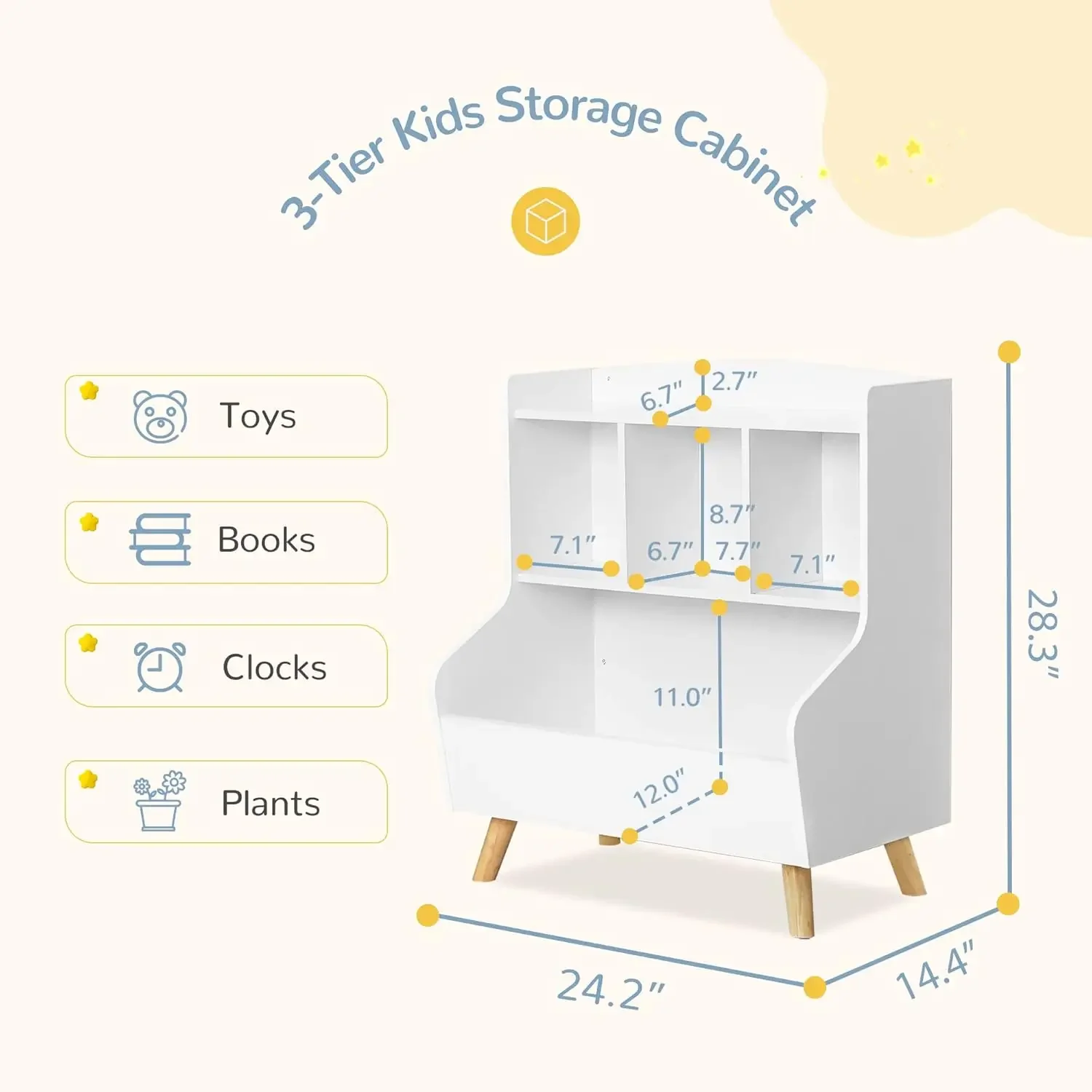 Estante infantil e armazenamento de brinquedos, estante aberta de madeira de 3 camadas, organizador de exibição de armazenamento de livros e brinquedos para bebês