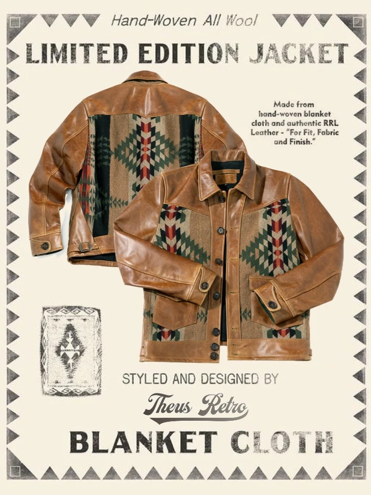 

Western Sle Navajo Oil Wax Cowhide American Retro Tweed Patchwork Leather Jaet Slim Fit Casual Spring Youth Coat