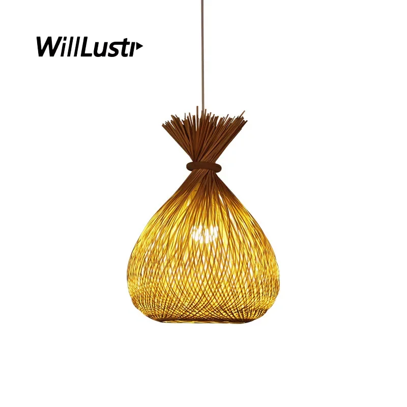 Handmade Bamboo Pendant Lamp Candy Ceiling Chandelier Hotel Bar Teahouse Bistro Zen Wood Hand Knitted Suspension Hanging Light