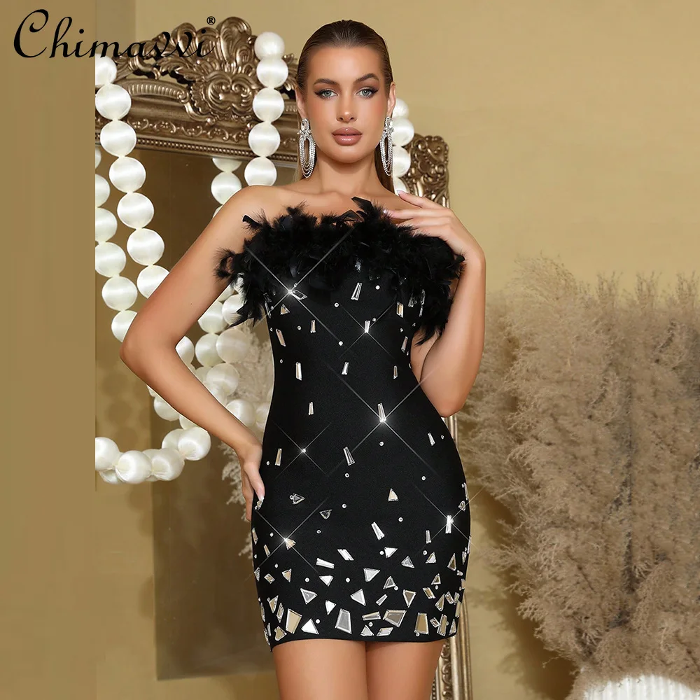 

American Fashion Elegant Feather Spliced Sequin Bandage Dress Sleeveless Sexy Strapless Party Short Bodycon Dress Women Summer