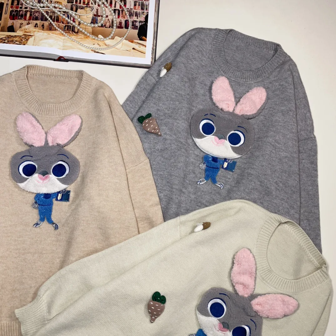 Long Sleeve Knitted Pullovers Autumn New College Style 3d Cartoon Sticker Loose Round Neck Female Student Drop Sleeve Sweaters