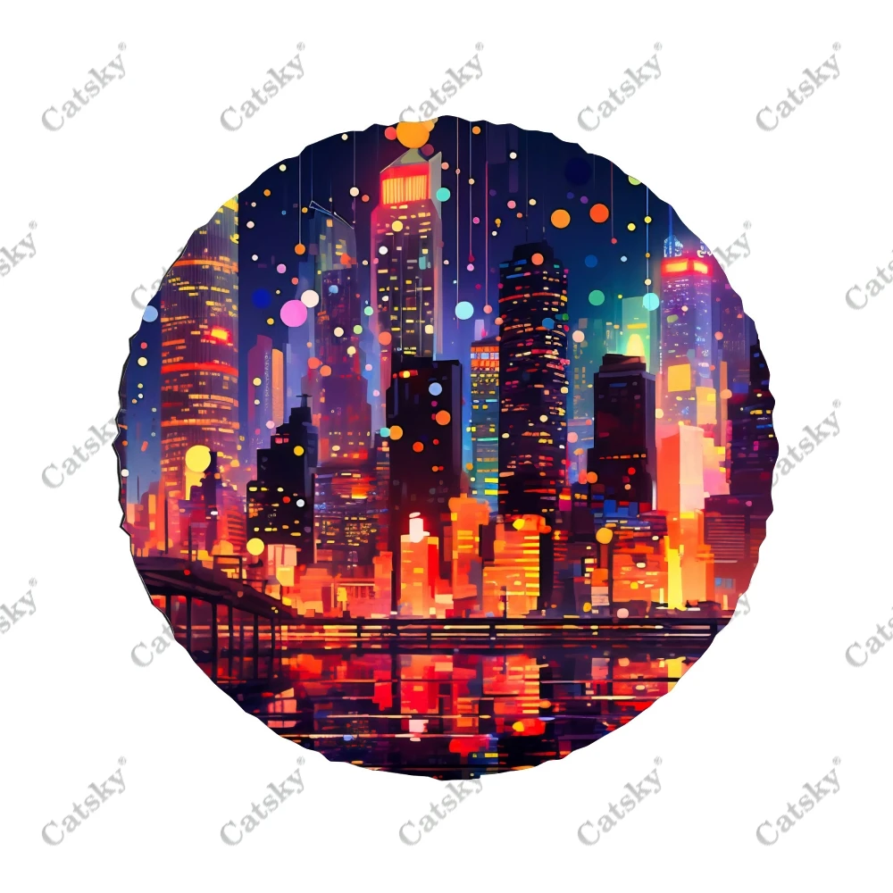 Colorful Night With Cityscape Pattern Polyester Universal Spare Wheel Tire Cover Wheel Covers for Trailer RV SUV Truck Camper