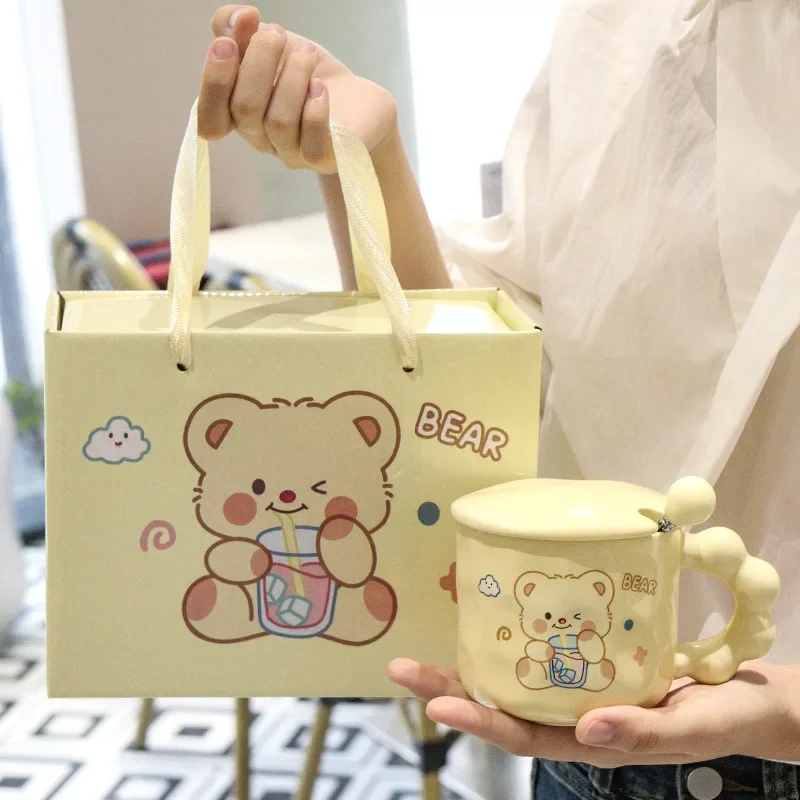 

Little Bear Ceramic Mug With Lid Spoon Cute Cartoon Drinkware Handheld Gift For Birthday Christmas Kitchen Home Decor