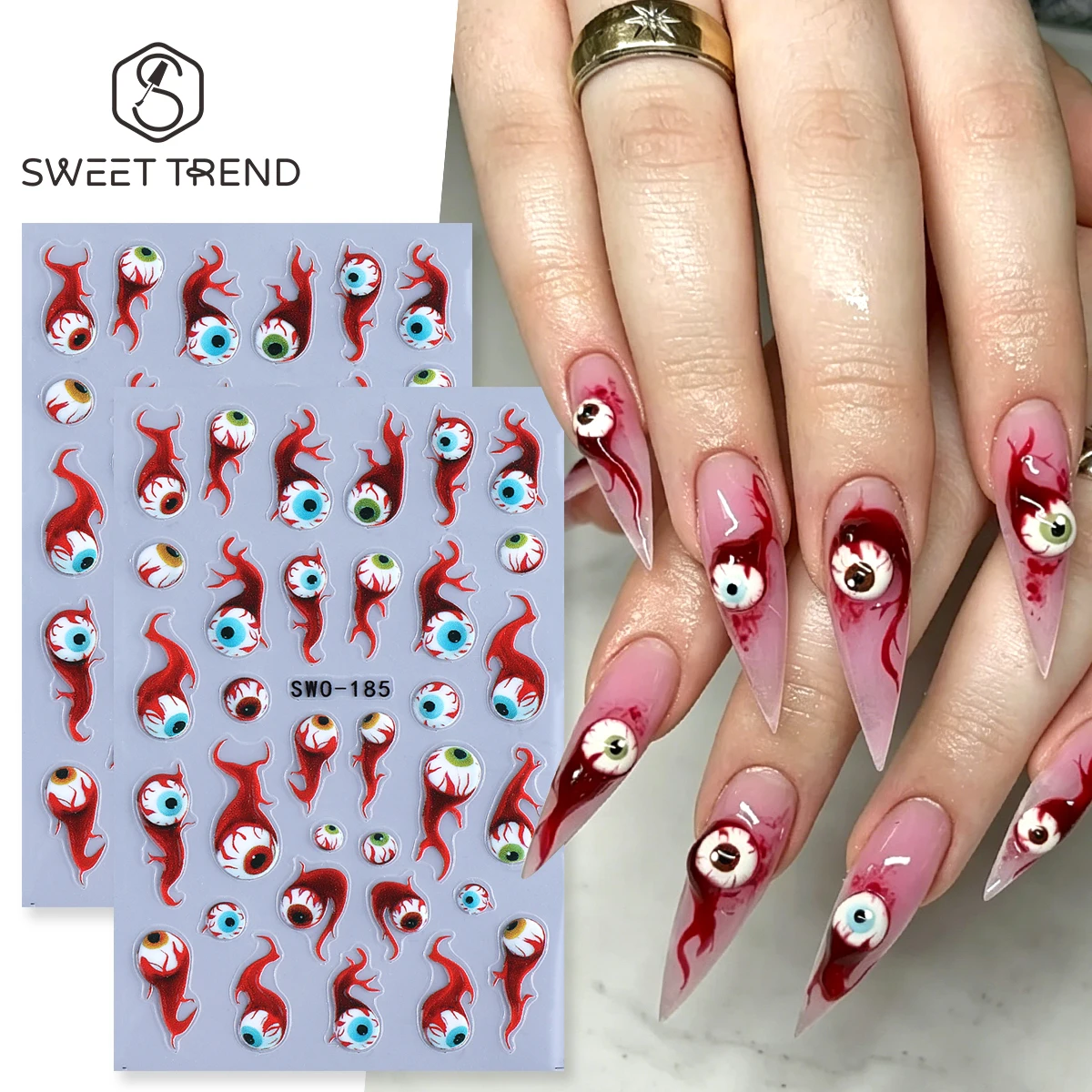 2 Stück Blutroter Augapfel Matt-Nagelaufkleber Horror-Halloween-Stil Blutiges Design Strukturierte Klebeaufkleber Feiertags-Maniküre-Slider