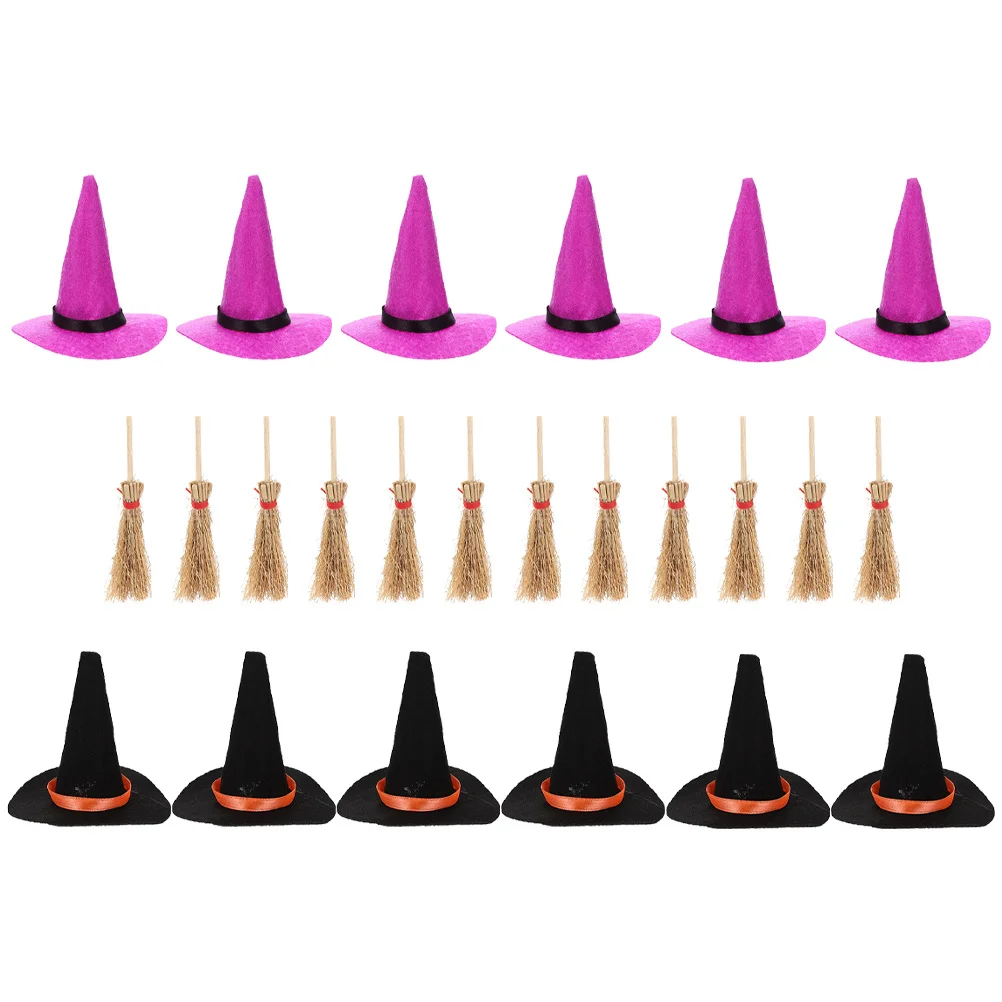 1 conjunto de chapéus de bruxa em miniatura, mini chapéu de halloween, decoração de vassoura, suprimentos de artesanato de bruxa minúscula, decoração de festa de micro paisagem