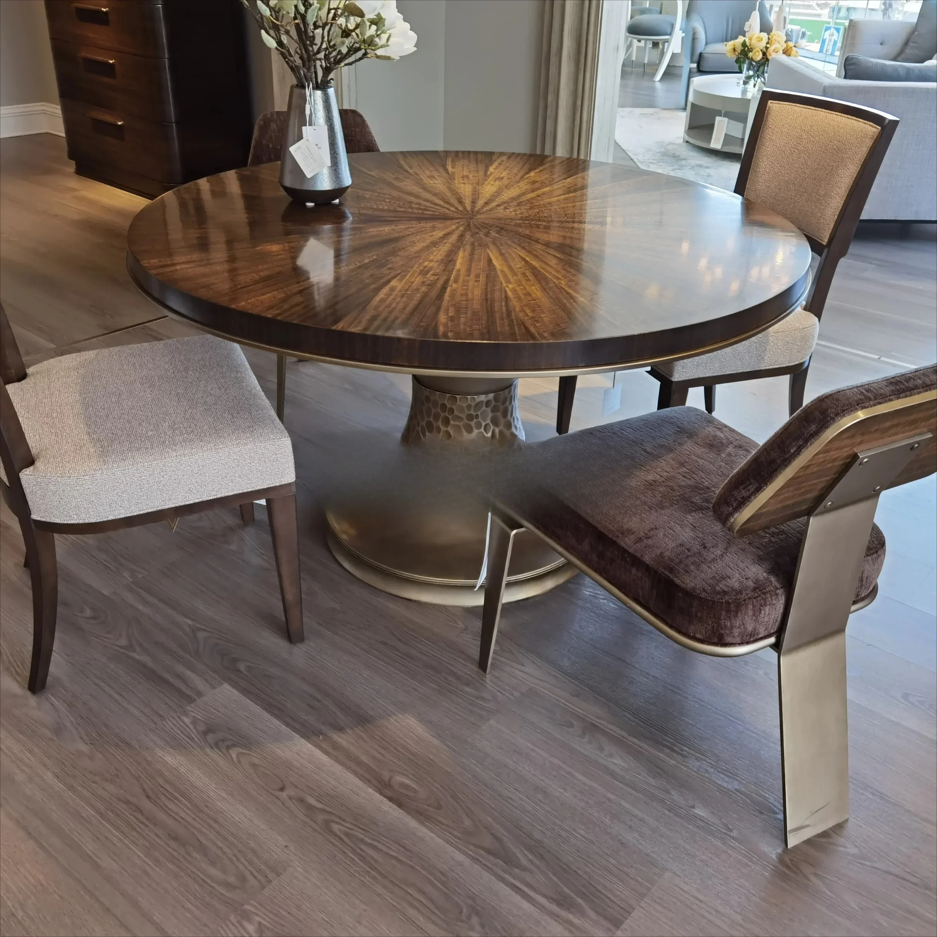 Cy American, Sweet, Round Dining Table, American Light Luxury Solid Wood Dining Table, Metal Leg Solid Wood Parquet Dining Tabl