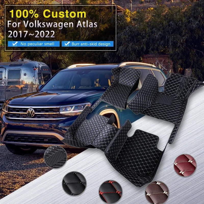 Car Mats For Volkswagen VW Atlas Teramont CA1 2017~2022 Auto Interior Parts Floor Rug Carpet Luxury Leather Mat Car Accessories