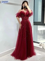 Feathers Off the Shoulder Evening Dresses Beaded A-line Prom Customized Graceful Floor-length Fashion Gown Vestido De Novia