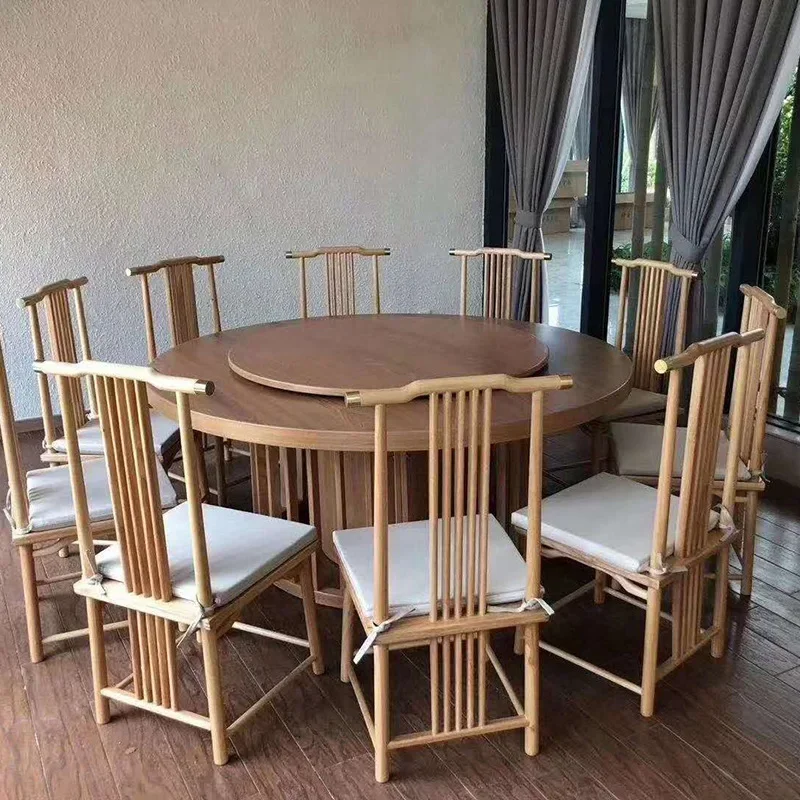 Hotel Dining Table, Private Room Manual Round Table Table and Chair Combination, New Chinese Hotel Manual Large Round Table