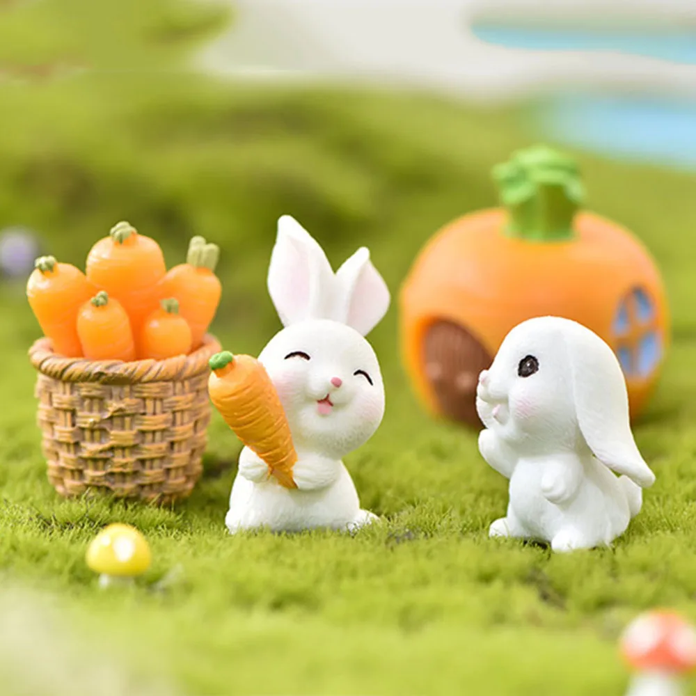 Micro Landscape Bonsai Ornament Cartoon Carrot House Mini Animal Statue Miniature Rabbit Figurine Resin Bunny Basket