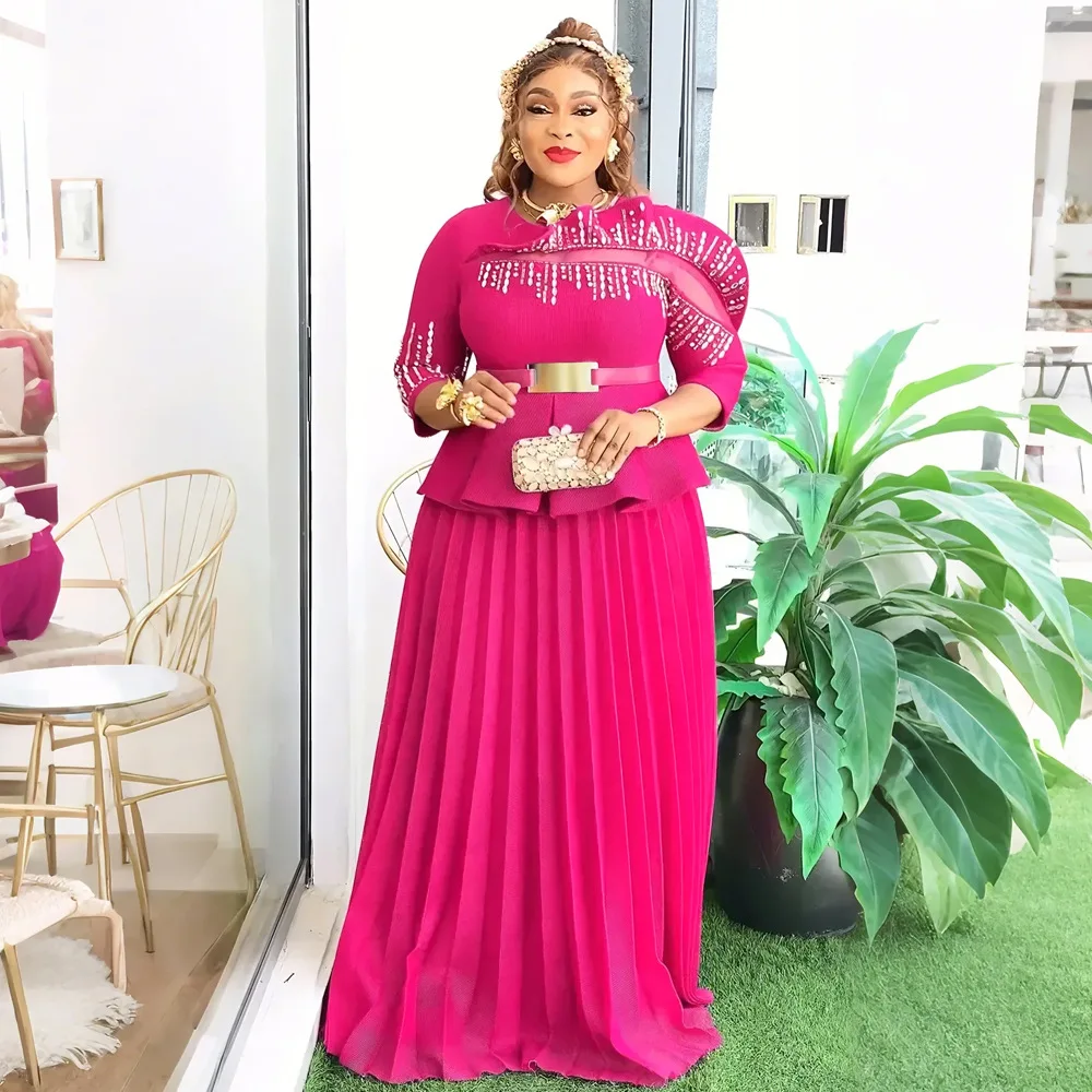 African large size women's clothing hot diamond round neck dress, European and American foreign trade temperament elegant